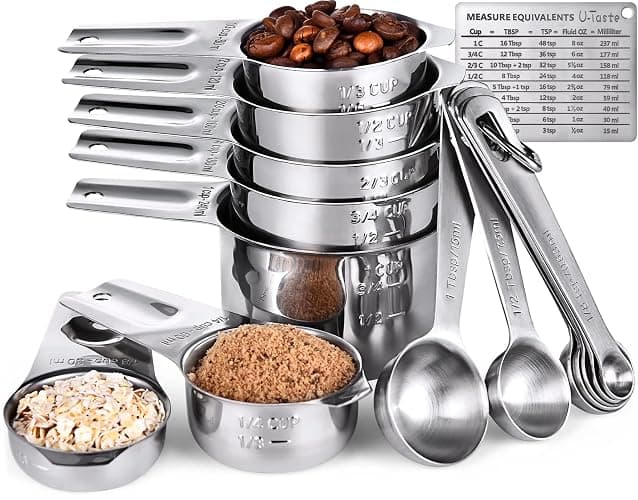 Measuring Cups, U-Taste Measuring Cups and Spoons Set of 15 in 18/8 Stainless Steel : 7 Measuring Cups and 7 Measuring Spoons with 2 D-Rings and 1 Professional Magnetic Measurement Conversion Chart - Image 1