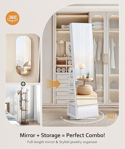 Nicetree 360°Swivel Jewelry Cabinet, Rotatable Full Length Mirror with Jewelry Storage, Standing Jewelry Armoire Organizer, Lockable Jewelry Organizer with 3 Rear Shelves, Bottom Drawer, Pure White thumbnail 6