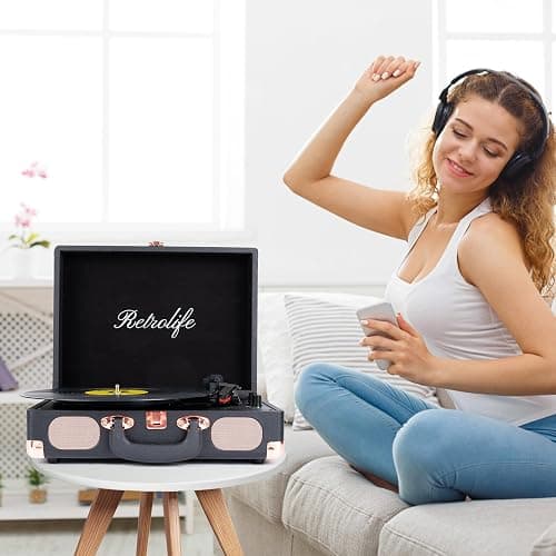 Retrolife® Record Player,3-Speed Bluetooth Suitcase Vinyl Player-Black | Built-in Stereo Speakers, Portable Turntable Plays 7/10/12" Records, 33/45/78 RPM, Bluetooth Streaming, RCA/Headphone Jack thumbnail 2