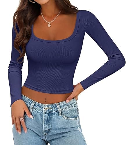 Ekouaer Womens Long Sleeve Square Neck Crop Top Ribbed Slim Fitted Going Out Y2K Tops Casual Basic Shirts Tee - Image 1