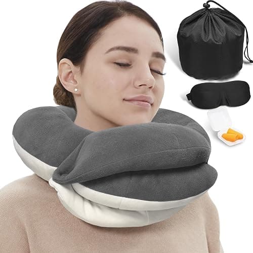 BUYUE Travel Neck Pillows for Airplanes, Memory Foam 360° Head Support Sleep for Long Flight, Skin-Friendly & Breathable, Kit with Eye Mask, Earplugs and Storage Bag (Adult, Grey, 90+ lbs) - Image 1