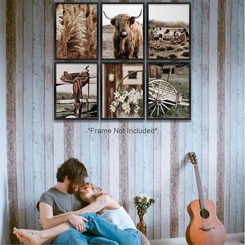 Vintage Farmhouse Cow Prints - 6PCS Wall Art Set (8x10 inch, Unframed) for Home, Bedroom, Kitchen, Bathroom, Rustic Western Country Decor - 6P Boho Neutral Cow Prints thumbnail 5