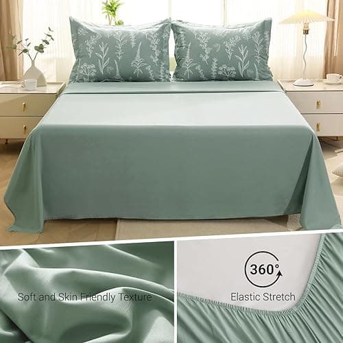 MUXHOMO Bed in a Bag Queen 7 Pieces, Sage Green Queen Comforter Set Reversible Botanical Flowers Design, Ultra Soft & Breathable Bedding Sets with Comforter, Sheets, Pillowcases & Shams thumbnail 8