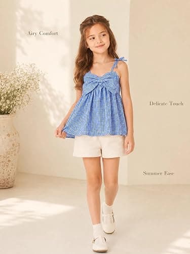 Ecolala Girls Gingham Cami Tank Tops Plaid Spaghetti Strap Peplum Top with Fixed Bow for Beach Vacation thumbnail 3