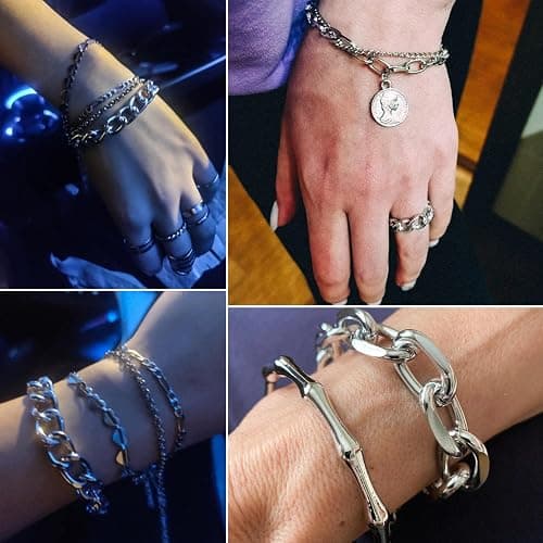 17IF 18-25 PCS(6 Pack) Boho Gold Bracelets Set for Women Stackable Chunky Dainty Bangles Adjustable Chain Flat Cuff Cuban Punk Charm Bundle Jewelry thumbnail 2