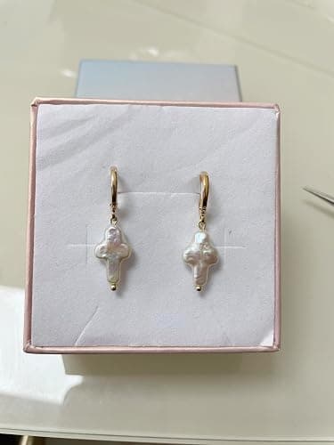 Iutymu Nature Freshwater Pearl Cross Earrings Elegant Christian Pearl Jewelry, Beachy Pearl Jewelry, Cross Pearl Earrings, Baroque Pearl Earrings thumbnail 4
