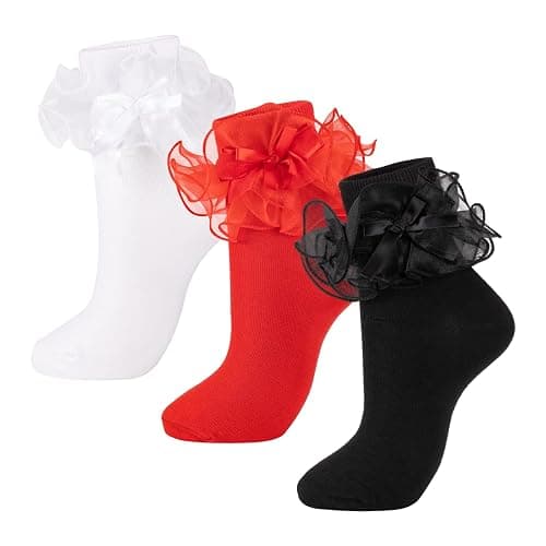 Dicry Women's Big Ruffle Socks with Bows Double Lace Turn Cuff (Size 9-11, 3 Pairs) - Image 1