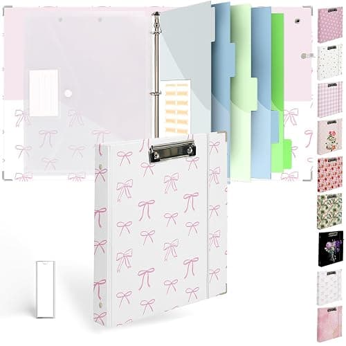 Etzul 3 Ring Binder 1 inch with Clipboard - White & Pink Bow Design, Includes Dividers, File Bag & Spine Label - Classic and Elegant for School or Work, Holographic Waterproof Film - Image 1