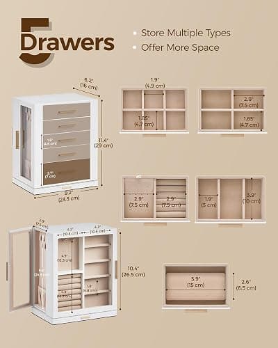 Glimmloop 360° Rotating Jewelry Box with 5 Drawers, Spacious Vertical Jewelry Organizer with Glass Window, Jewelry Storage Case, Dustproof & Moisture-resistant Design, White thumbnail 3
