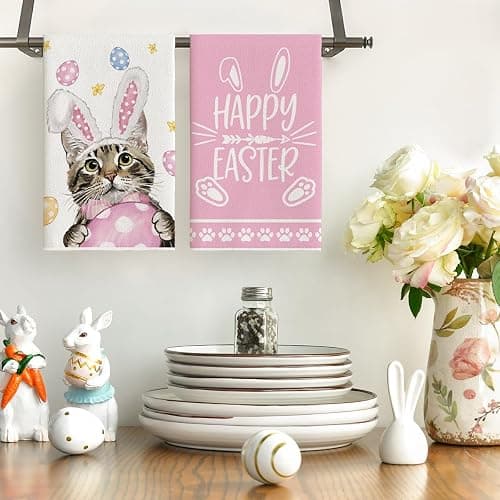 Artoid Mode Pink Rabbit Ears Cat Eggs Happy Easter Kitchen Towels Dish Towels, 18x26 Inch Spring Summer Holiday Decoration Hand Towels Set of 2 thumbnail 2