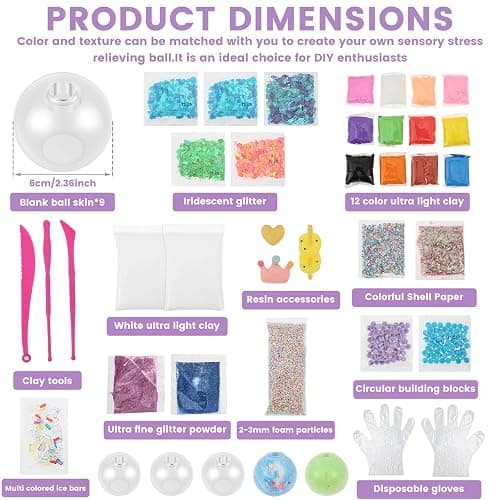 DIY Stress Ball Making Kit, Easy DIY- 9 TPR Skins, 12 Colors Light Clay, Round Building Blocks Complete Squishy Maker Kit with Various Fillers, Handmade Squishy Stress Balls for Adult Office & Anxiety thumbnail 6