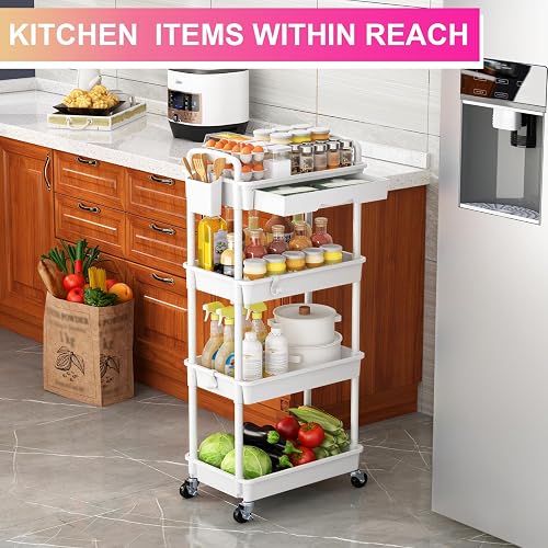 Goovilla 4 Tier Rolling Utility Cart Organizer with Removable Drawer, Stable and Sturdy White Rolling Storage Carts with 2 Lockable Wheels for Bathroom, Kitchen, Snack, Craft, Makeup, Baby Essentials thumbnail 7