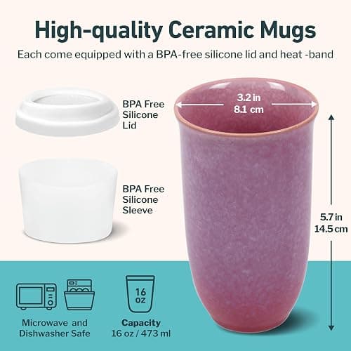 NOVA CERAMICS Coffee Travel Mug – Cup Holder Friendly Travel Mug– Microwave & Dishwasher Safe White & Purple Tumbler - Coffee Mug Fits In Cup Holder – 16oz – Astral Bloom thumbnail 2