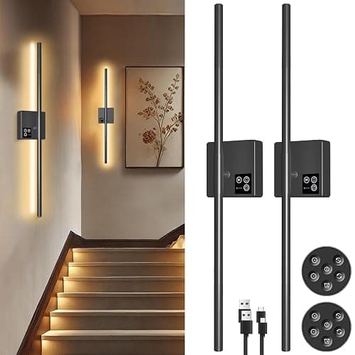 31in Wireless Wall Sconces Set of Two, [Creates Sunset Glow Ambiance] Dimmable 2700K–6000K with 8000mAh Battery & Display, Touch/Remote Control, Rechargeable Wall Lamps for Home Decor – Black - Image 1