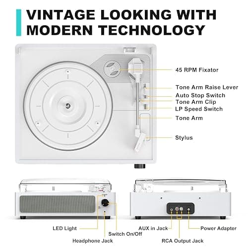 Vinyl Record Player with Speakers Vintage Turntable for Vinyls Records, Belt-Driven Turntable Support 3-Speed, Wireless Playback, Headphone, AUX-in, RCA Line LP Vinyl Players for Sound Enjoyment White thumbnail 2