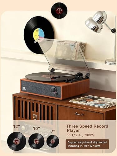 Vinyl Record Player Built-in Stereo Speakers Vintage Turntable Vinyl Records LP Phonograph Belt Drive 3 Speed 3 Size Support Wireless Input RCA Output Auto Stop Tone Adjustment Retro Wooden Walnut Red thumbnail 2