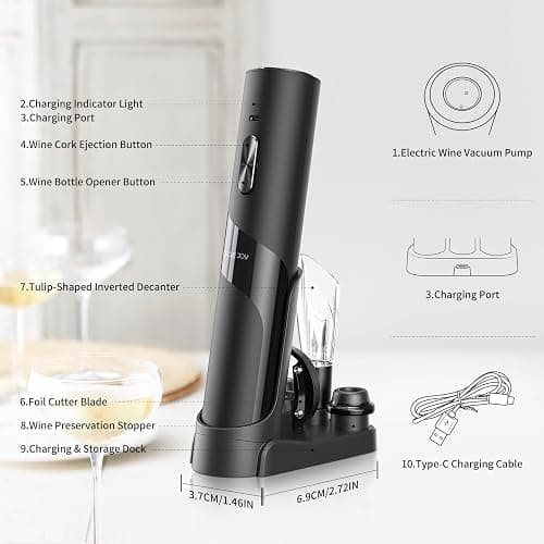 CIRCLE JOY Rechargeable Wine Opener Electric Wine Bottle Opener 7-in-1 Wine Gift Set with Electric Vacuum Pump, Charging Station, Foil Cutter, Wine Aerator Pourer and 2 Wine Stoppers thumbnail 2