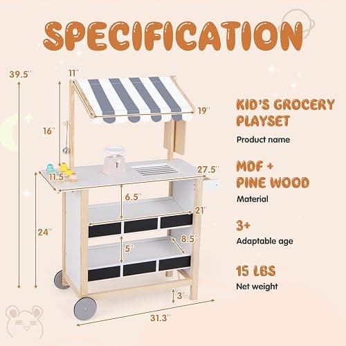 HONEY JOY Kids Ice Cream Cart, Wooden Grocery Store Playset w/6 Pieces Play Food, Realistic Bell & Food Scale, Chalkboard, Pretend Play Dessert Shop Counter Stand Truck, Gift for Boys Girls thumbnail 3