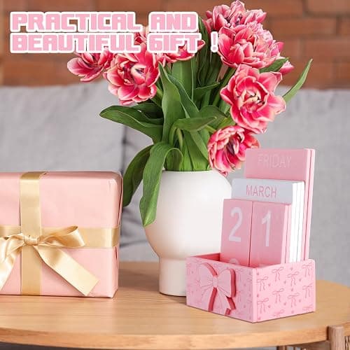 AceOrbit Pink Bow Wood Block Perpetual Calendar Coquettish Desk Decor Cute Month Week Date Display Decorative Block Calendar for Women Office Home Desk Gift for Women thumbnail 6