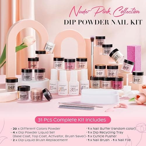 AZUREBEAUTY 31 Pcs Dip Powder Nail Kit Starter 20 Colors Clear Nude Pink Brown Glitter All Season Acrylic Dipping Powder Liquid Set with Top/Base Coat Activator for French Nail Art DIY Salon Gift thumbnail 4