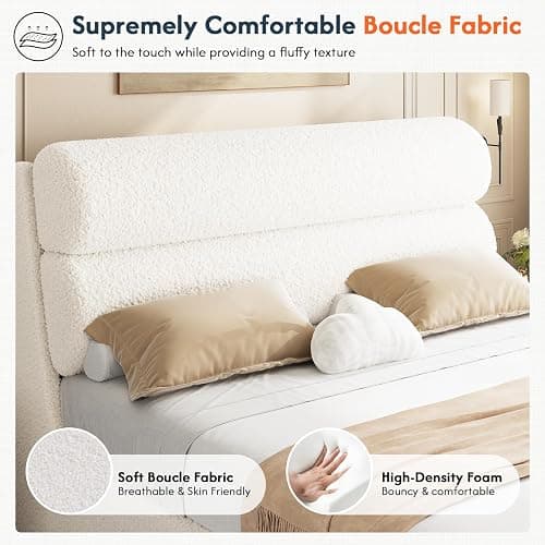 DICTAC California King Boucle Bed Frame with Headboard, Upholstered Platform Bed with Wood Slats, Soft Cloud Bed with Solid Wood Legs, No Box Spring Required, Easy Assembly, Cream thumbnail 3