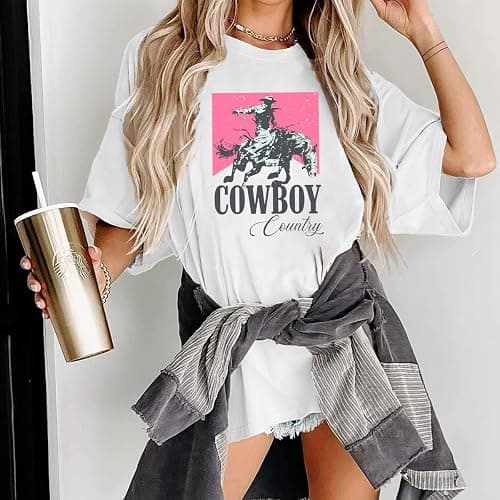 Oversized Western Graphic Shirt Women: Cowboys Country Shirt Casual Rodeo Howdy Cowgirl Tee Top thumbnail 3