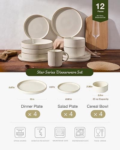 famiware Star Dinnerware Set, Plates and Bowls Sets for 4 (12pcs), Ribbed Stoneware Dishes - Chip & Scratch Resistant, Microwave & Dishwasher Safe Tableware, White thumbnail 3