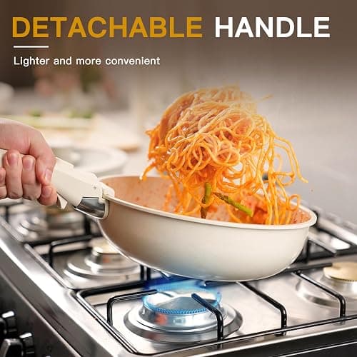 Astercook Ceramic Non-stick Cookware 21 Pcs Pots and Pans Set, Detachable Handle, RV Kitchen Non Stick Cooking Set Removable Handles, Oven Safe, Induction Ready, Stackable, Cream White thumbnail 3