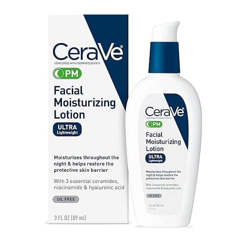 CeraVe PM Facial Moisturizing Lotion, Night Cream with Hyaluronic Acid and Niacinamide, Ultra-Lightweight, Oil-Free Moisturizer for Face, 3 Ounce - 3 Fl Oz (Pack of 1)