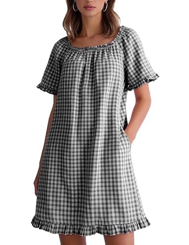 Flygo Womens Gingham Nightgown Cotton Pullover House Dress with Pockets | Square Neck, Short Sleeve, Y2K Plaid Print, Knee Length Cut, Loose Fit, Cute Ruffle Sleep Dress, for Loungewear, Maternity - Image 1