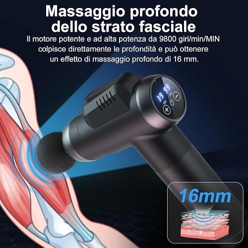 Pistola Massaggio Muscolare Professionale con 99 Velocità Regolabili, 6 Testine Intercambiabili e Display LCD Tattile Silenzioso per Massaggio Profondo - Allevia Dolori Muscolari di Schiena thumbnail 3