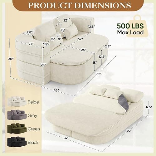 Antetek Convertible Sleeper Sofa, Modern Folding Futon Chenille Floor Foam Compression Loveseat Sofa Bed Couch, Foldable Full-Size Guest Bed with 4 Pillows for Living Room Bedroom Apartment, Beige thumbnail 2