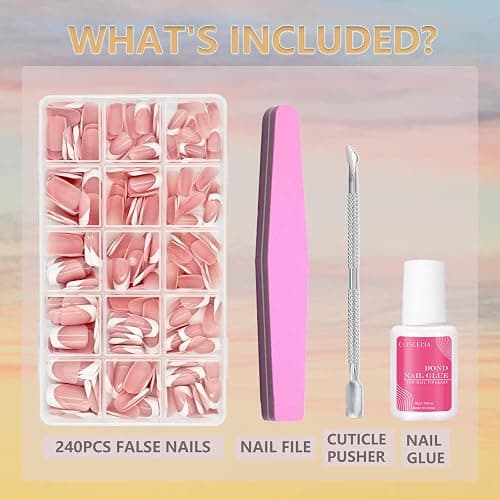 French False Nails - 240Pcs Square Press On Nails Short - Fake Nails White Tip French False Nail Kit - Full Cover Stick on Nails French Nail Art Manicure Decorations - Nude Short thumbnail 5