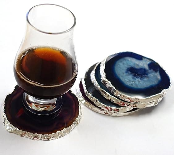 JIC Gem Silver Plated Dyed Mixed Color Agate Coasters, 5 pcs Set, 3-4", Blue, Teal, Natural, Pink, Purple, with Rubber Bumper thumbnail 2