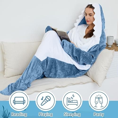 Ambitelligence Shark Blanket Hoodie Onesie for Adults and Kids, Cozy Flannel Shark Sleeping Bag thumbnail 4