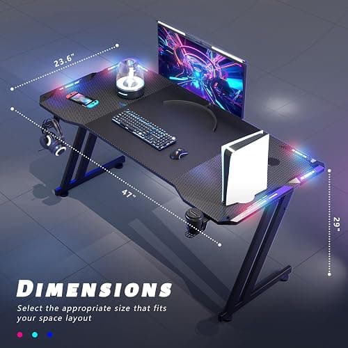 HLDIRECT 47 Inch Gaming Desk with LED Lights, Large RGB Computer Gaming Desk Table with Cup Holder Headphone Hook Mouse Pad, Ergonomic Modern Carbon Fiber Mesa Gamer Pc Work Home Office Desks, Black thumbnail 3