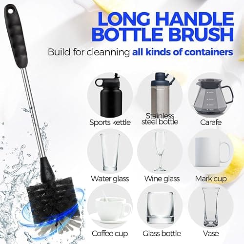 Holikme Bottle Brush Cleaner Set, 14" Long Handle Stainless Steel Bottle Cleaner Brush, 3 Straw Cleaner Brush, Bottle Cleaning Brush for Water Bottle, Cups, Abrasive Wheel Brushes, Straws Black thumbnail 3