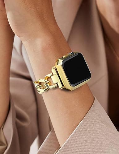 JR.DM Gold Watch Bands for Women Compatible with Apple Watch Band 46mm 42mm(S3/2/1) 44mm 45mm 49mm Adjustable Metal Single Chain Bracelet for iWatch Series 10/9/8/7/6/5/4/3/2/1/SE/Ultra (No Case) thumbnail 8
