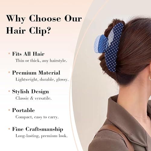 Acetate Hair Claw Clip for Women, 3.8-Inch Blue Polka Dot Big Hair Clips Strong Hold No Slip Claw Clips for Thick or Thin Hair, Includes 2 Black Satin Scrunchies thumbnail 6
