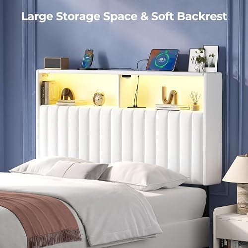 Rolanstar Headboard for Twin Size Bed with Storage, Head Board with USB & Type C Port, 60,000 DIY Color of LED Light, Velvet Upholstered, Height Adjustable, Sturdy, Easy Assembly, White thumbnail 7