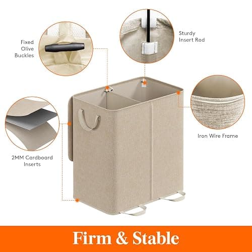 Lifewit Double Laundry Hamper with Lid and Removable Laundry Bags, Large Collapsible 2 Dividers Dirty Clothes Basket with Handles for Bedroom, Laundry Room, Closet, Bathroom, College, 136L Beige thumbnail 4