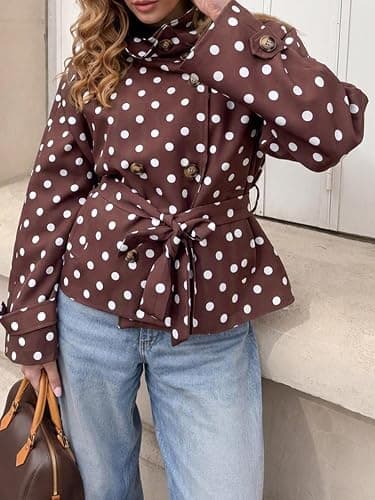 Tankaneo Womens Polka Dot Cropped Trench Coats Trendy Casual Short Jackets | Vintage, Street, Travel, Brunch, City Walk, Coffee, Weekend, Fall, Spring, Lightweight, Waist Belt, Oversized thumbnail 3