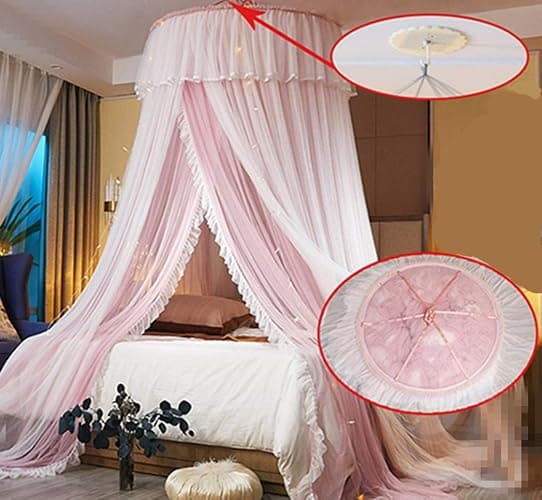 VETHIN Bed Canopy Princess for Girls,Bed Canopy Curtain Double Layer Sheer Mesh Dome Bed Curtain- Round Lace Princess Mosquito Net Tent for Twin Full Queen King Bed(Pink/White) thumbnail 2