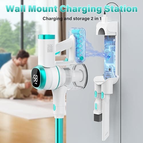 Tikom V500 Cordless Vacuum Cleaner for Home, 40000Pa/450W Stick Vacuum with LED Touch Screen, Charging Wall Dock, Anti-Tangle, Lightweight Handheld Vacuum for Pet Hair, Hard Floor, Carpet, Blue thumbnail 4