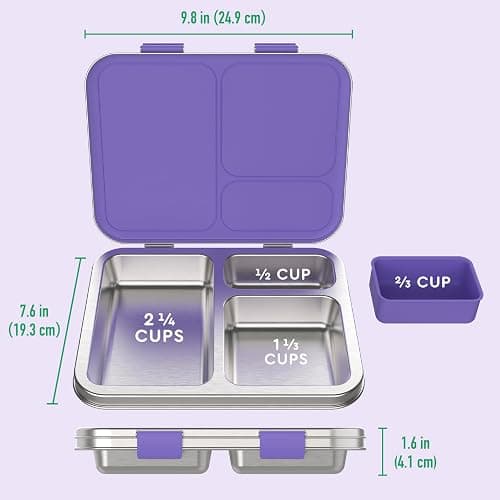 Bentgo Kids Stainless Steel Leak-Resistant Lunch Box - 3-Compartments with Bonus Silicone Container, Durable, Eco-Friendly, Dishwasher Safe, BPA-Free, Ideal for School, Ages 3+ (Purple) thumbnail 2