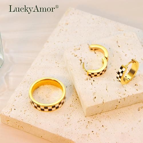 Checkered Jewelry Set for Women - 18K Gold Plated Stainless Steel Checkerboard Ring & Black and White Checkered Hypoallergenic Chunky Huggie Hoop Earring, Gift-Ready Packaging for Mother's Day Valentine's Day thumbnail 5