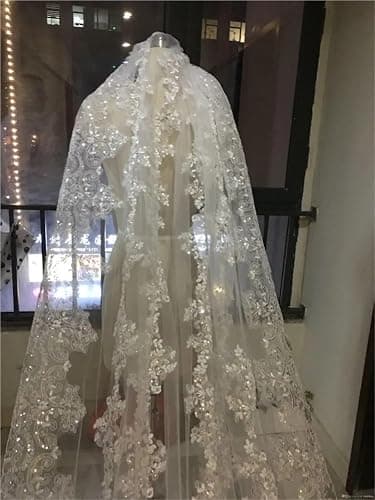 Luxury Shiny Sequins Bridal Veil Church Bridal Veil Lace Edge 1-Layer Metal Comb 5 Meters Long Wedding Accessories - 300cm - Ivory thumbnail 3