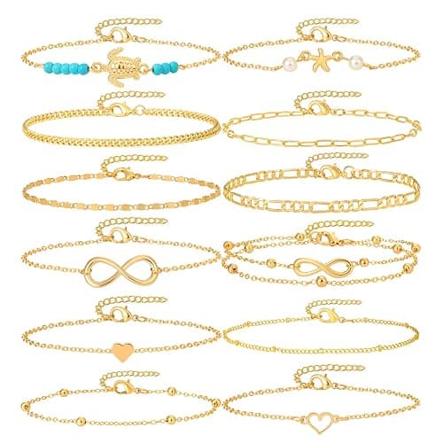 Starain 12Pcs Summer Beach Anklets for Women Waterproof Gold Silver Chain Ankle Bracelets Cute Women's Foot Anklet Set 7.9-10.5 inch Adjustable - Image 1
