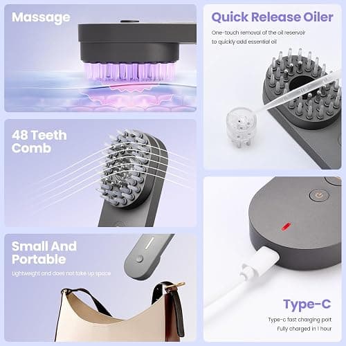 UNIWA Scalp Massager Hair Growth Brush, Hair Oil Applicator, 3 in 1 Scalp Massage Tool, Head Scalp Massager for Relax, Cordless Electric Brush for Hair Care, Oil Dispenser Comb, Mothers Day Gifts,Grey thumbnail 3