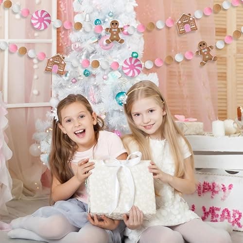 JarThenaAMCS 8.2Ft Christmas Felt Banner Cute Gingerbread Man Candy House Hanging Garland Pink Brown White Pom Ball Banner for Xmas Holiday Home Mantel Wall Decor thumbnail 6